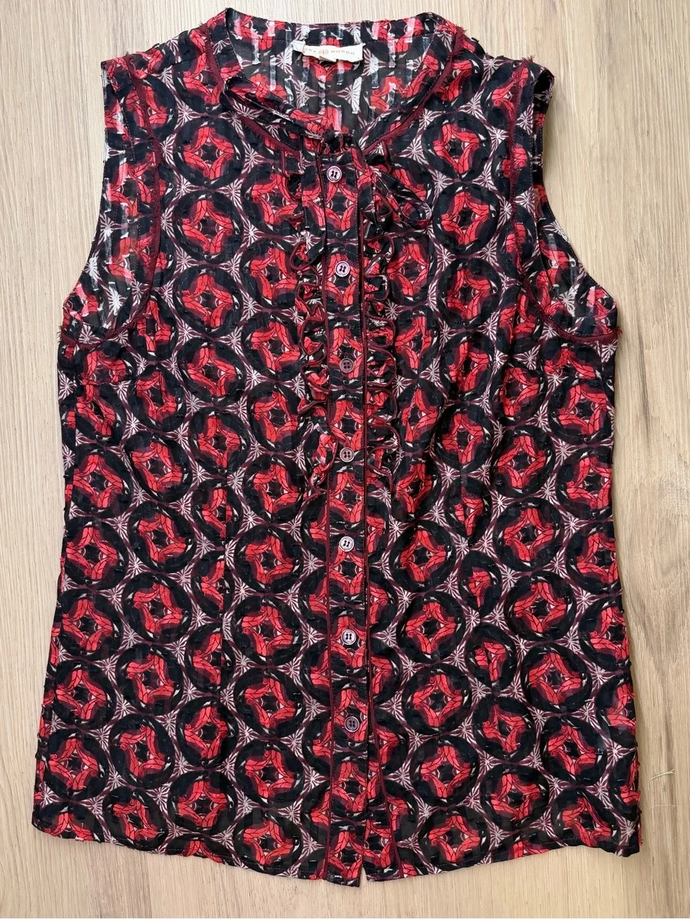 Tory Burch Sleeveless Button-Front Blouse in Red and Black